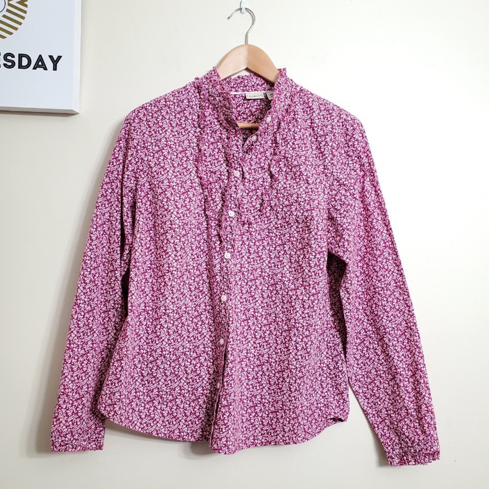 Ll bean long sleeve flower pink button shirt size M